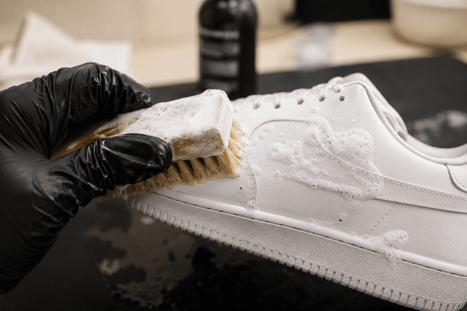 Nettoyage minutieux d'une sneaker blanche à la brosse
